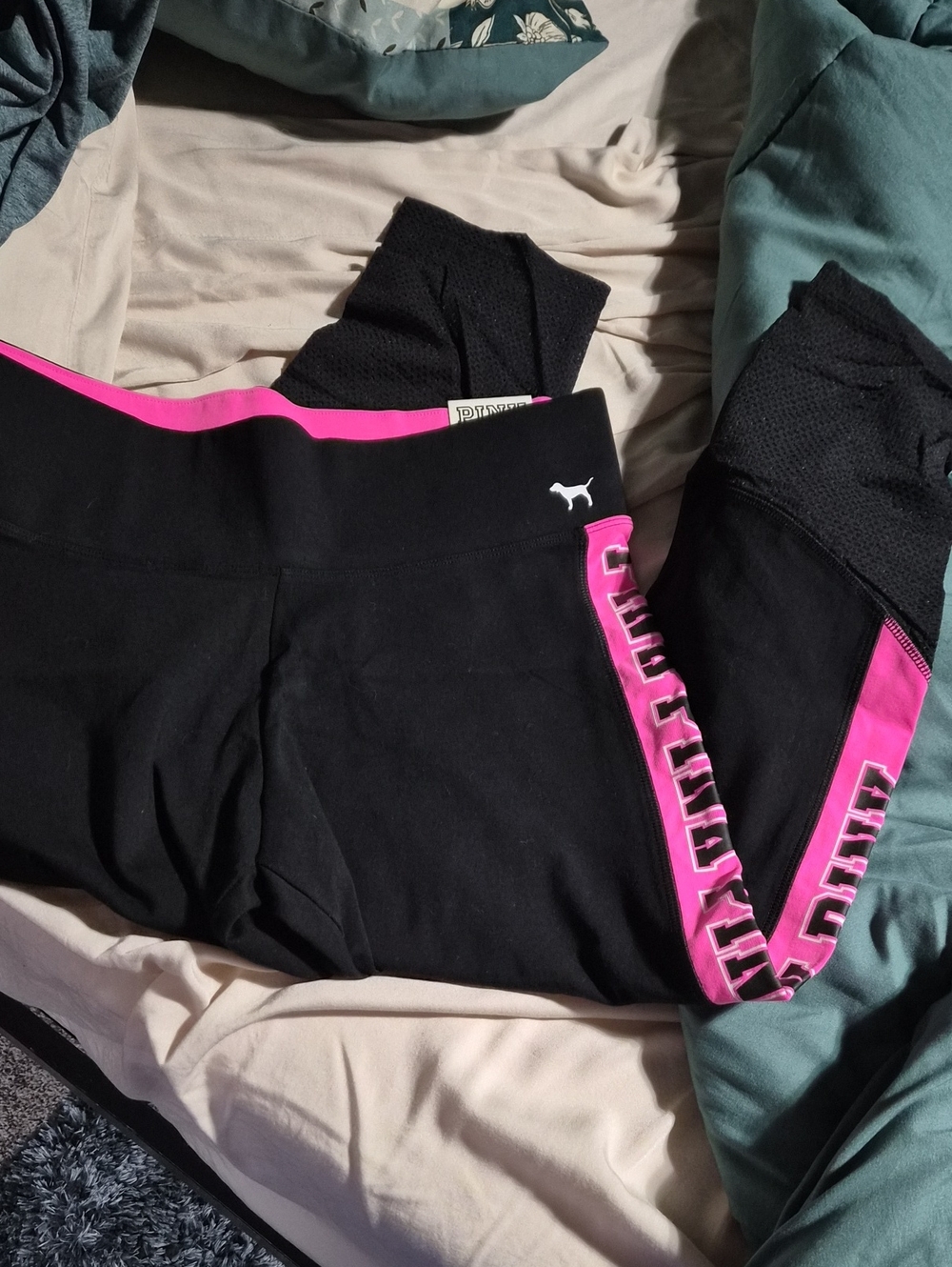 PINK Victoria's Secret Black Leggings with Hot Pink Side Stripe
